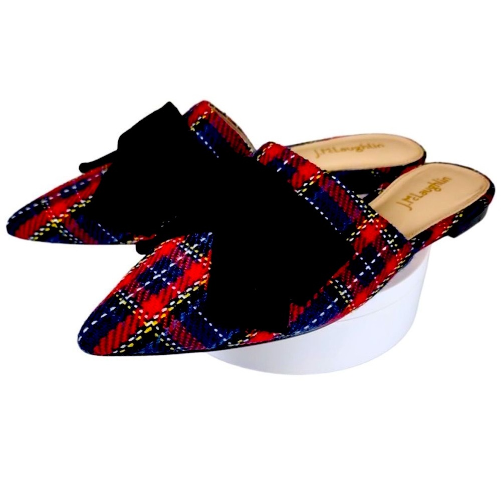 J. McLaughlin- NEW- Red Plaid Tartan Lyon Tweed Velvet Bow Slide On Mules, 9.5